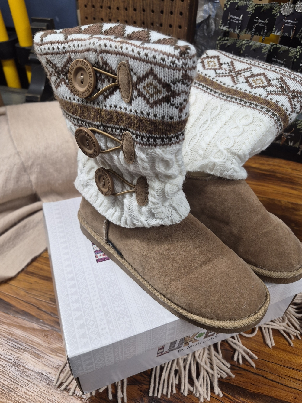 Muk Luks Brown Suede-Look Knit Cuff Winter Boots with Cream Fair Isle Trim